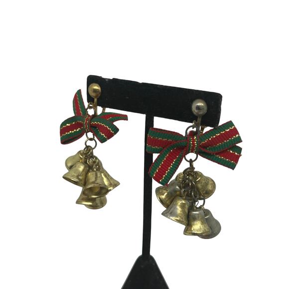 Vintage Christmas Jingle Bell Clip On Earrings Holiday Festive Bow Dangle Retro - Picture 2 of 11